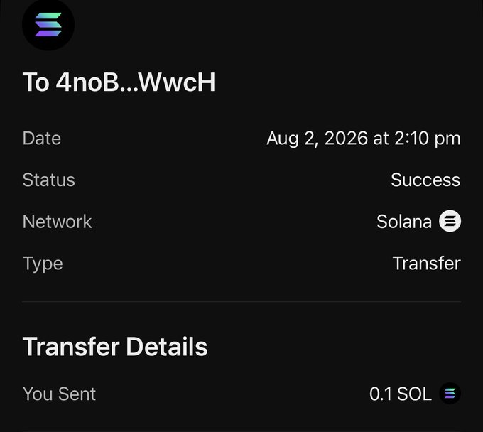 A screenshot of a successful Solana transaction showing 0.1 SOL sent to address "4noB…WwcH" on Aug 2, 2026 at 2:10 pm, confirming the giveaway of SOL to a supporter.