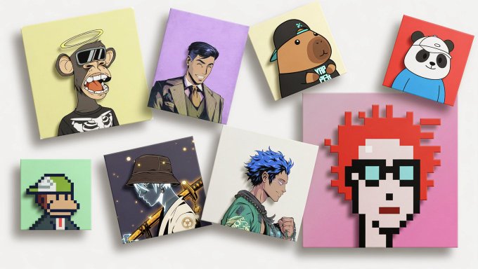 A collection of seven NFT-style character illustrations including a Bored Ape, a suited man, a cap-wearing bear labeled 'TIP THE BEAR', a panda, a pixelated character, a mystical figure, a blue-haired character, and a large pink pixel-art character on a pink background.