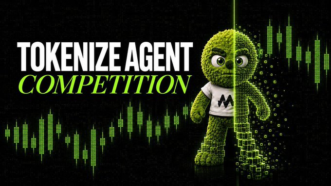 A promotional graphic titled 'TOKENIZE AGENT COMPETITION' featuring a 3D green fuzzy monster character wearing a shirt with a logo, set against a background of green stock market candlestick charts.