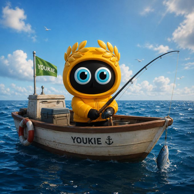 A 3D-rendered yellow character with large blue eyes fishing from a small wooden boat labeled "YOUKIE" on the open ocean under a blue sky.