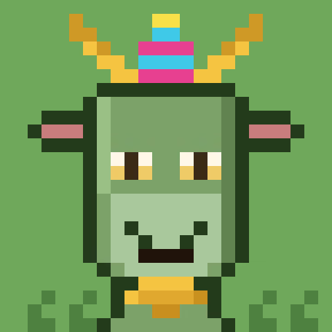A pixel art green character with antlers wearing a multicolored party hat, smiling against a bright green background.