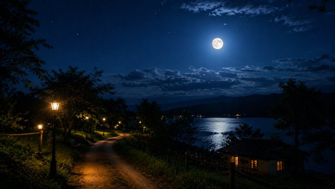 The image shows a nighttime scene of a lake at night, with a full moon rising above the water. The sky is dark blue, creating an atmosphere of tranquility and beauty. In the foreground, there are two street lamps that cast light onto the path leading towards the lake. A small house can be seen on the right side of the image, adding to the peaceful ambiance. The caption provided seems unrelated to the scene at hand and does not provide any relevant information about the image or its context.