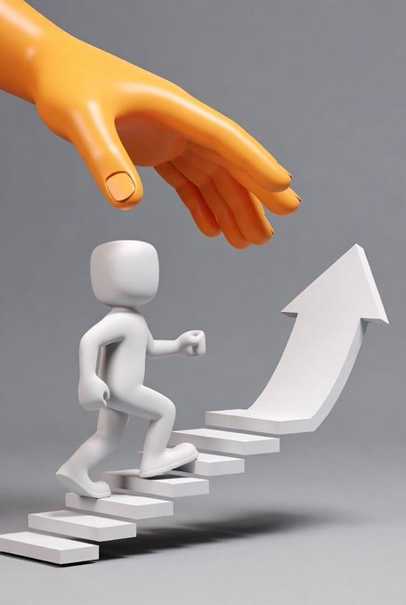 A 3D rendering showing a small white figure climbing a staircase shaped like an upward arrow, while a large orange hand reaches down to guide them.