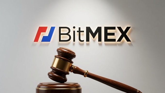 A wooden judge's gavel rests in front of a lit 'BitMEX' logo on a wall, suggesting legal or regulatory news related to the BitMEX cryptocurrency exchange.