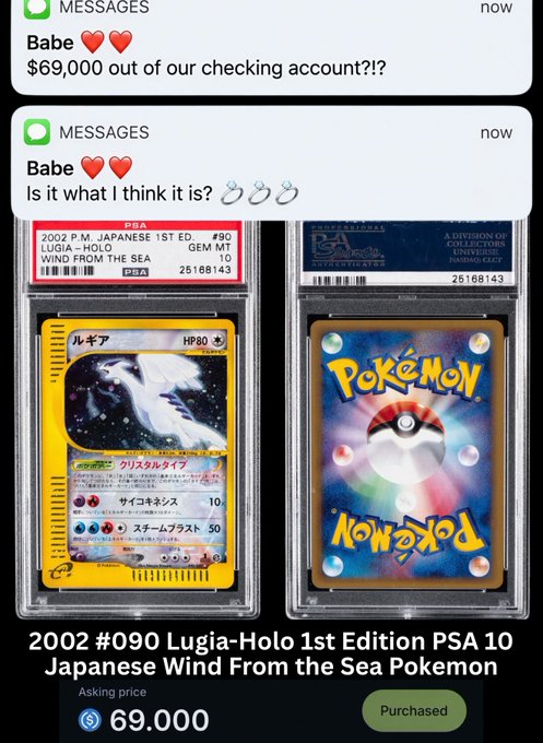 A screenshot of iMessages from "Babe ❤️❤️" expressing shock over a $69,000 charge, followed by an image of a PSA 10 Gem Mint 2002 Japanese 1st Edition Lugia-Holo Pokémon card that was purchased for $69,000, illustrating the joke that the buyer's wife doesn't understand his spending on rare real-world assets ("RWAs") being traded onchain.