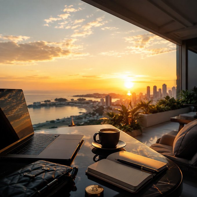 A laptop, notebook, coffee cup, and a Bitcoin-themed coaster sit on a marble table overlooking a coastal city skyline at sunrise, capturing a serene yet determined start to another day of forward momentum.