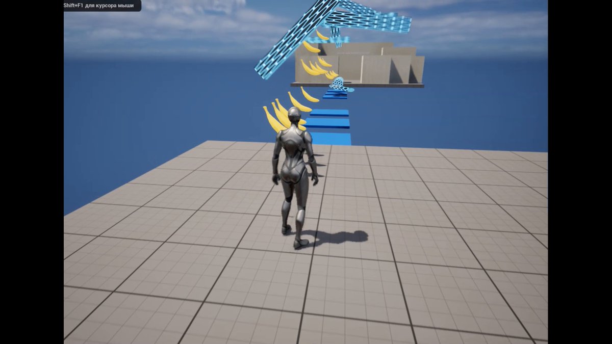 The image shows an animated scene of a person walking across a tiled floor, with bananas scattered around them. The bananas are positioned at various heights and angles, creating a sense of movement and dynamism within the scene. The background features a blue sky that complements the overall color scheme of the image. The caption to the image reads "GM Maybe nothing, just a banana pick up system in Unreal Engine. Sound ON Need to set up a counter next #gamedev #apechain #apecoin #bayc". This suggests that there might be an ongoing game or project involving bananas and possibly other elements of the gaming world.