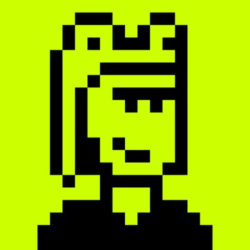 A pixel art style black skull or robotic head with a yellow crown-like outline is set against a bright green background.