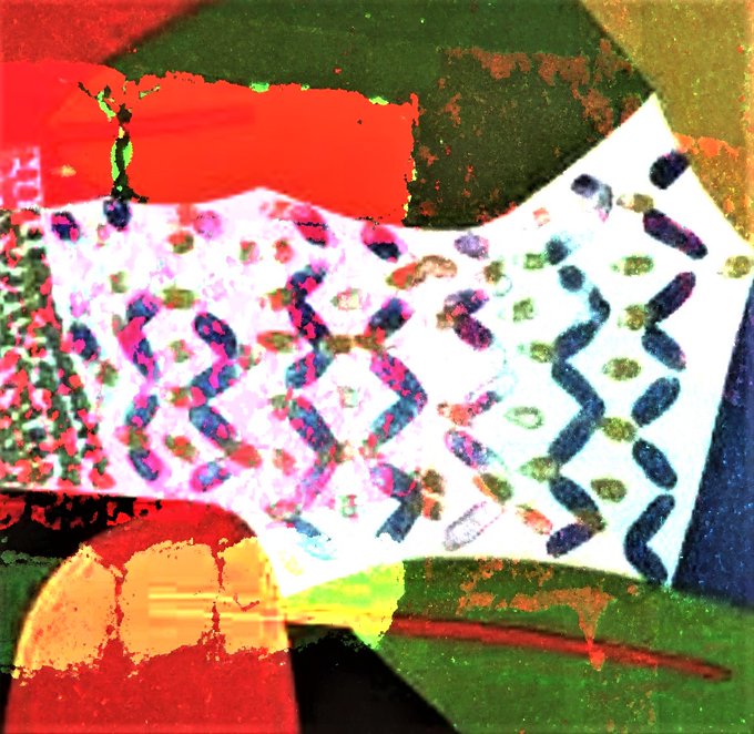 A vibrant, mixed-media abstract artwork with bold reds and greens, layered over a patterned white sheet of wavy dashed lines and colorful dots.