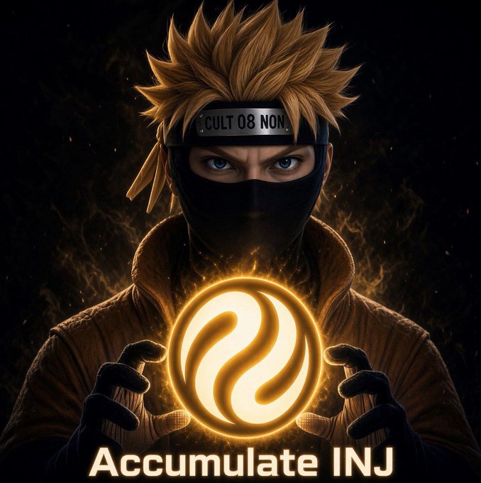 A promotional graphic for INJ (Injective) featuring a ninja character in a black mask holding a glowing golden INJ logo, with the text "Accumulate INJ" at the bottom.