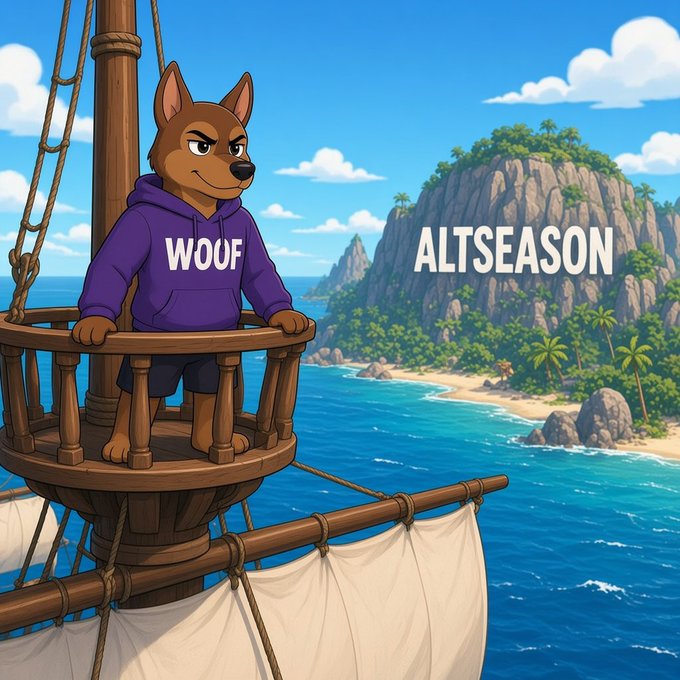 An illustrated cartoon depicts a brown dog character wearing a purple 'WOOF' hoodie standing in a ship's crow's nest, looking out over a tropical island with the text 'ALTSEASON' displayed on a rocky cliff.