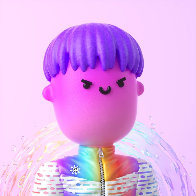 A 3D-rendered cartoon character with purple hair, a pink face, and a mischievous expression wears a holographic, iridescent jacket with a zipper, set against a pink background with bubble-like effects.