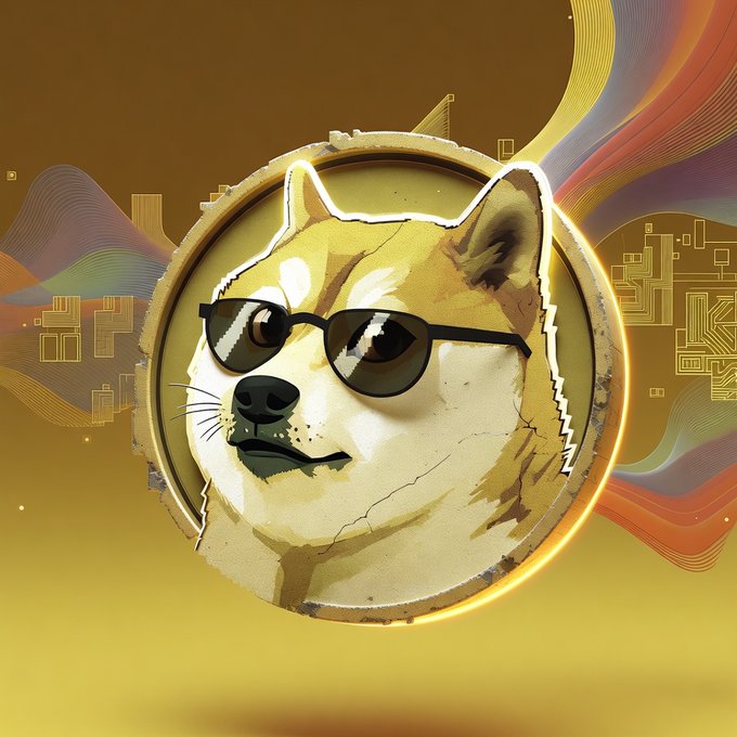 A stylized golden emblem featuring a dog wearing black sunglasses inside a circular coin-like frame, surrounded by colorful wave patterns and geometric motifs.