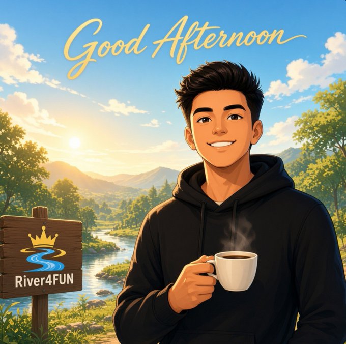 An illustrated young man in a black hoodie smiles while holding a steaming coffee cup, with "Good Afternoon" text above and a "River4FUN" sign beside him in a sunny landscape.