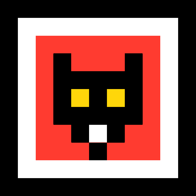 A pixel art style icon of a black creature with yellow square eyes and a white mouth/teeth area on a red square background.