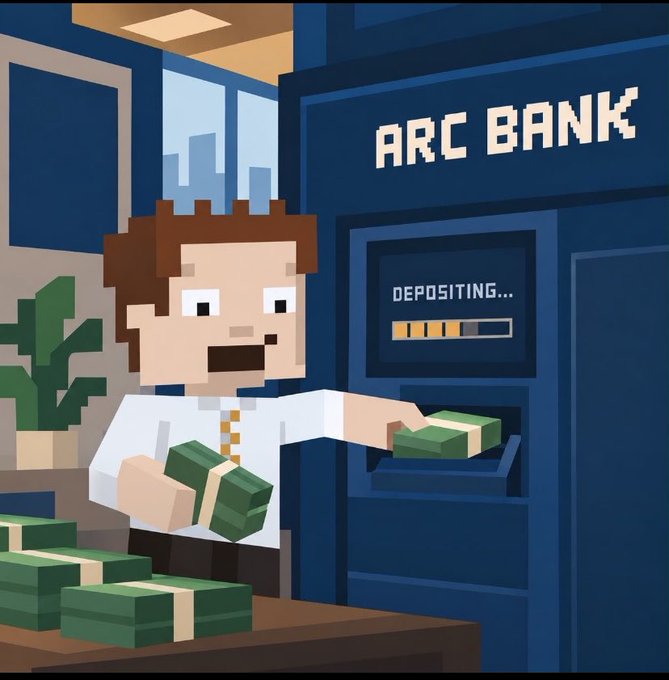 A pixel art illustration of a brown-haired character depositing stacks of cash into an ATM labeled 'ARC BANK', with a loading bar on the screen reading 'DEPOSITING...'.