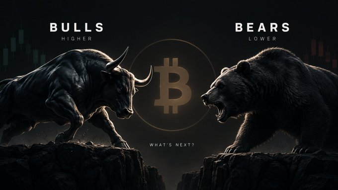 A dark, dramatic image featuring a charging bull on the left and a roaring bear on the right facing each other across cliffs, with a glowing Bitcoin logo between them and the text 'BULLS HIGHER' and 'BEARS LOWER', plus 'WHAT'S NEXT?' below.