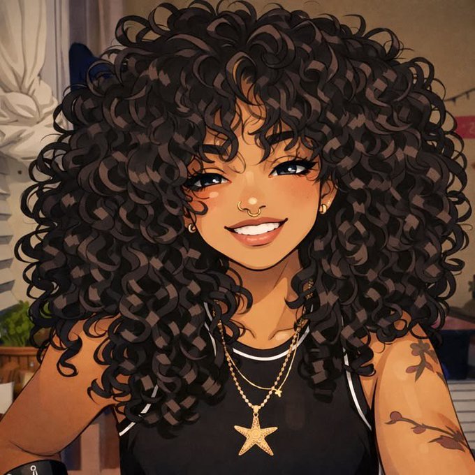 A digital illustration depicts a smiling young woman with voluminous curly dark hair, wearing a nose ring, layered gold necklaces, and a black top, with a small tattoo visible on her shoulder.