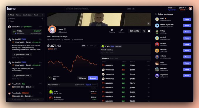 A screenshot of the Forno crypto trading platform shows a user profile with a portfolio value of $1,074.43, featuring a downward-trending chart and a "Total cash" withdrawal section. The visible positions align with the post, displaying holdings of $TOAD ($834.03) and $SHINJUKU ($397.82) as the user relaxes on a sunny day.