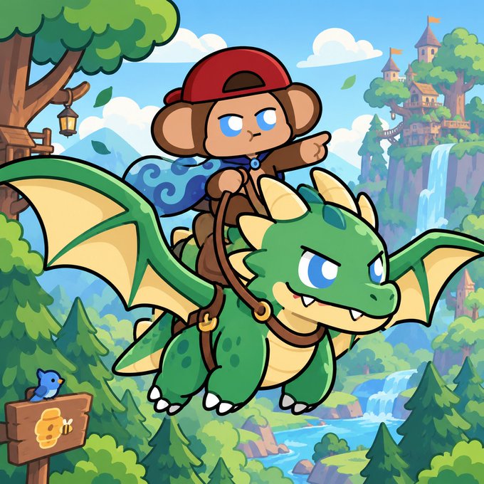 A cartoon-style illustration of a monkey wearing a red cap riding a green dragon through a vibrant landscape with trees, a waterfall, and a castle.