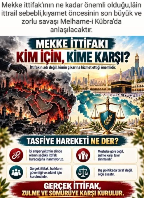 A Turkish political/religious infographic titled "MEKKE İTTİFAKI KİM İN, KİME KARŞI?" discussing the Mecca Pact with text about Tasfiye Hareketi and concluding "GERÇEK İTTİFAK, ZULME VE SÖMÜRÜYE KARŞI KURULUR."
