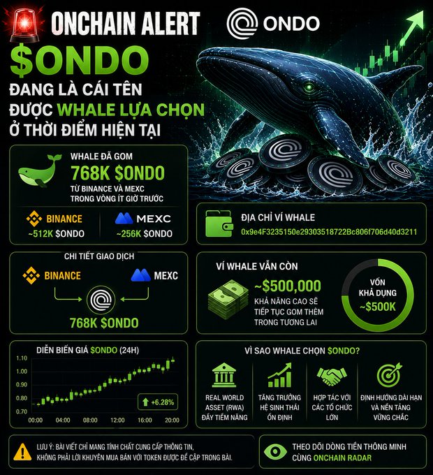 A Vietnamese-language crypto infographic titled 'ONCHAIN ALERT @ONDO $ONDO' detailing whale activity of 768K $ONDO tokens between Binance and MEXC, including price chart showing +6.28%.