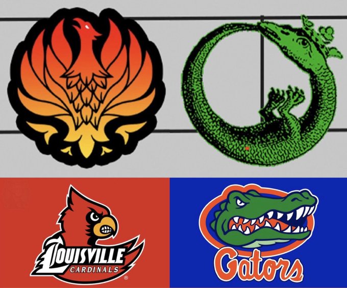 The image features two sets of logos: the Louisville Cardinals (a red and yellow phoenix-like bird emblem and a cardinal mascot) and the Florida Gators (a green ouroboros-style alligator and the classic orange "Gators" alligator logo), representing the teams in a Cardinals vs. Gators matchup. The caption "Red & Green @Ripple" cleverly ties to the contrasting red and green color schemes of the two teams' logos.
