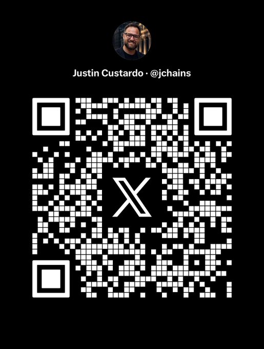 A black and white QR code with an X (formerly Twitter) logo in the center and the name "Justin Custardo - @jchains" with a profile picture at the top.