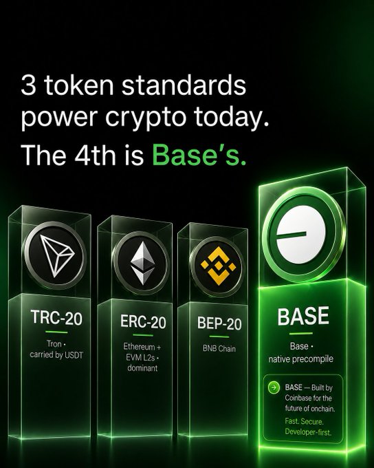A promotional graphic illustrates how Base's new "B20" token standard joins the three dominant token standards powering crypto—TRC-20 (Tron), ERC-20 (Ethereum/EVM), and BEP-20 (BNB Chain)—positioning it as Coinbase's native precompile designed for speed, security, and developer-first innovation onchain.
