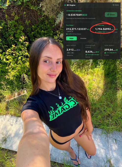 A woman in a black "BITMAS" t-shirt takes a selfie outdoors while an overlay shows her BC Engine dashboard with 1,794.5692 BCD in earnings (circled in red), visually highlighting the $1,700+ stablecoin rewards she claimed from her $3K investment three months prior.