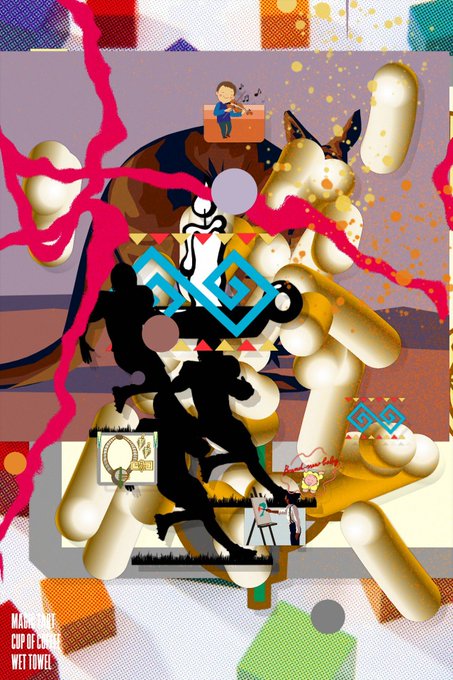 A colorful mixed-media collage-style artwork featuring silhouetted figures, geometric patterns, a cat, and pink splash elements, with a small character at a desk and 'MATEROVA CUP OF LOVE WET TOWEL' text in the corner.