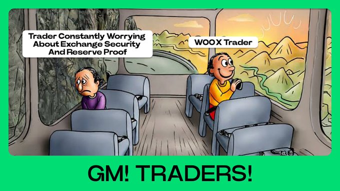 A 'Good Morning Traders' meme showing a worried trader labeled 'Trader Constantly Worrying About Exchange Security And Reserve Proof' on a shaky bus, contrasting with a calm 'WOOX Trader' on a smooth ride.