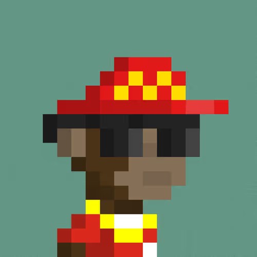 A pixel-art character portrait showing a person wearing a red and yellow baseball cap and a red shirt, with sunglasses reflecting on their face, set against a solid teal background.