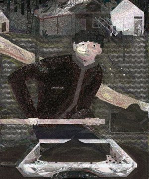 A dark, stylized painting of a figure in a black jacket and white mask operating what appears to be DJ equipment or turntables, set against a backdrop of houses.