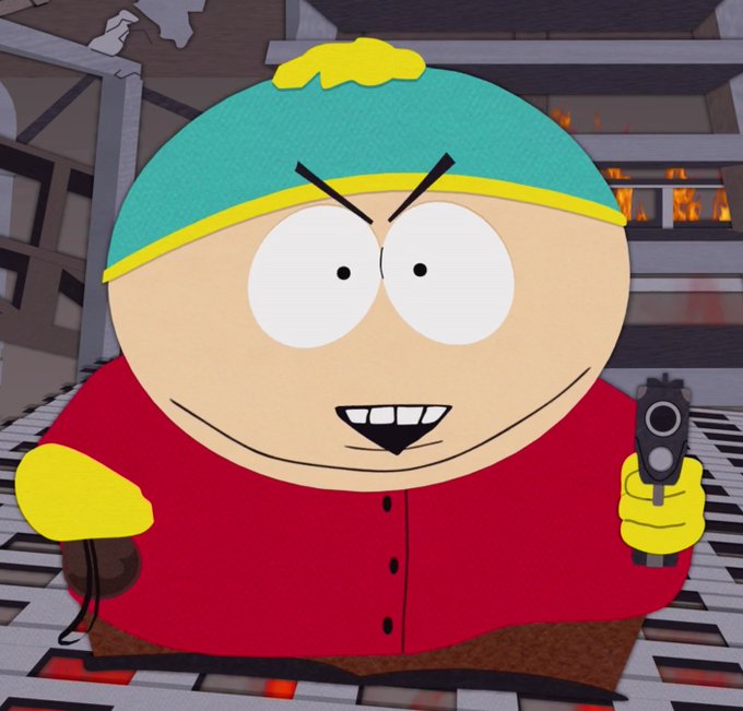 The image features a 3D-style South Park character—Eric Cartman in his signature teal and yellow hat, red jacket, and yellow mittens—aggressively pointing a handgun directly at the viewer with a manic grin, set against a burning, chaotic background.

The image humorously embodies the post's high-pressure ultimatum, using Cartman's wild-eyed, gun-wielding intensity to visually represent the aggressive, do-or-die mindset behind the "next 100x" challenge.