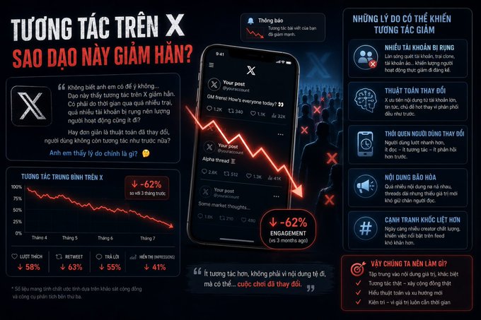 Vietnamese infographic asking 'TƯƠNG TÁC TRÊN X SAO DẠO NÀY GIẢM HẮN?' showing declining engagement on X (formerly Twitter) with charts and percentages like -62% and -58%.