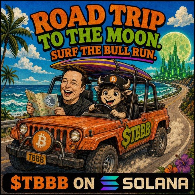 A colorful cartoon-style meme showing a man and a horned bull character riding in an orange jeep with a surfboard on top, featuring text "ROAD TRIP TO THE MOON. SURF THE BULL RUN.", "$TBBB", and "$TBBB ON SOLANA".