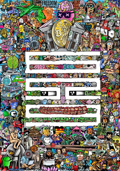 A colorful, densely packed NFT artwork featuring the word 'FREEDOM TO TRANSACT' at the top, numerous cartoon characters, crypto logos (Bitcoin), and the number '4529' visible in the center.