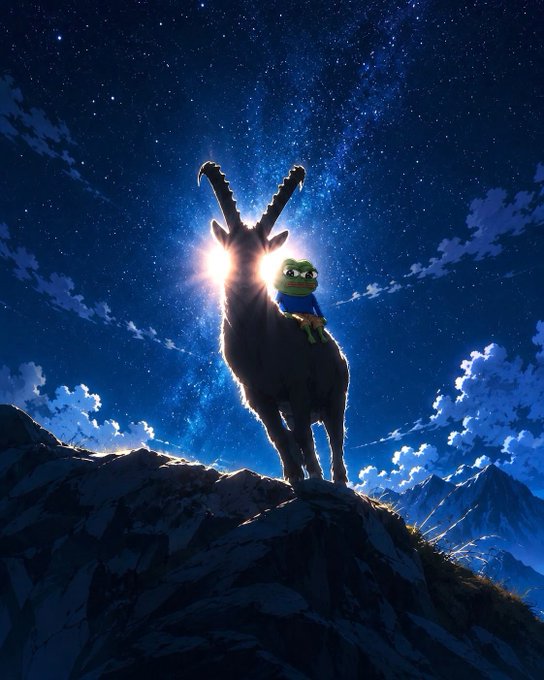 A giant, silhouetted Pepe the Frog rides a massive goat against a starry night sky, perched atop a mountain. The "gn" likely references "good night," while the goat symbolizes the crypto slang "holding the bag" or degenerate gambling culture, fitting the meme's irreverent tone.