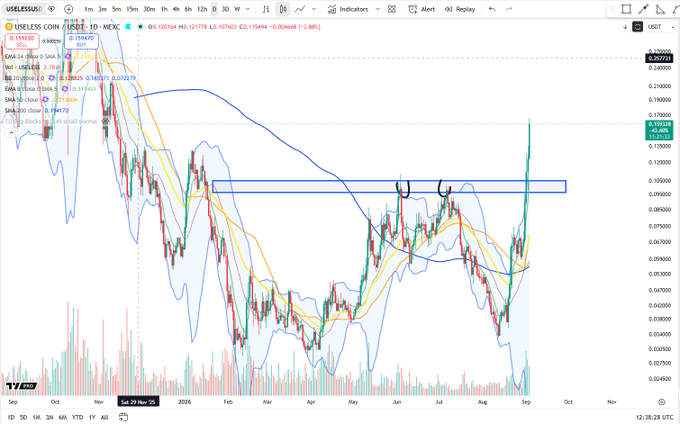 A TradingView candlestick chart for the "$USELESS" meme token (currently priced at 0.120754, down -3.88%) on a daily timeframe, showing price action from late 2025 through August 2026, with a recent bullish breakout above a horizontal resistance zone highlighted by two black cup-like annotations and a blue rectangle, visually confirming the post's claim of continued relative strength.