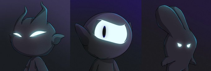 Three dark shadowy cartoon characters with glowing white eyes displayed against a dark blue background.