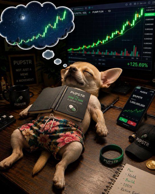 A meme-style image showing a chihuahua wearing floral shorts, lying on a desk and reading a book titled "PUPSTR HOW TO 100X A MEME COIN," with a thought bubble showing a crypto trading chart, alongside PUPSTR-branded merchandise and a phone displaying a $1,000,000,000 price.