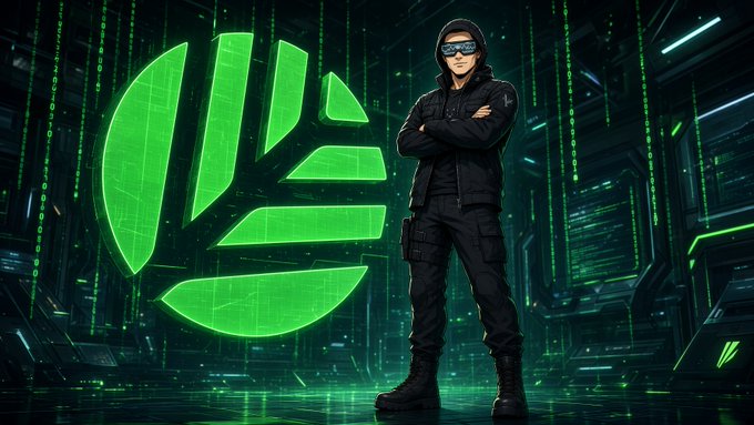 An anime-style illustration of a person in black tactical clothing standing in front of a large, glowing green digital logo against a matrix-style background with falling code.