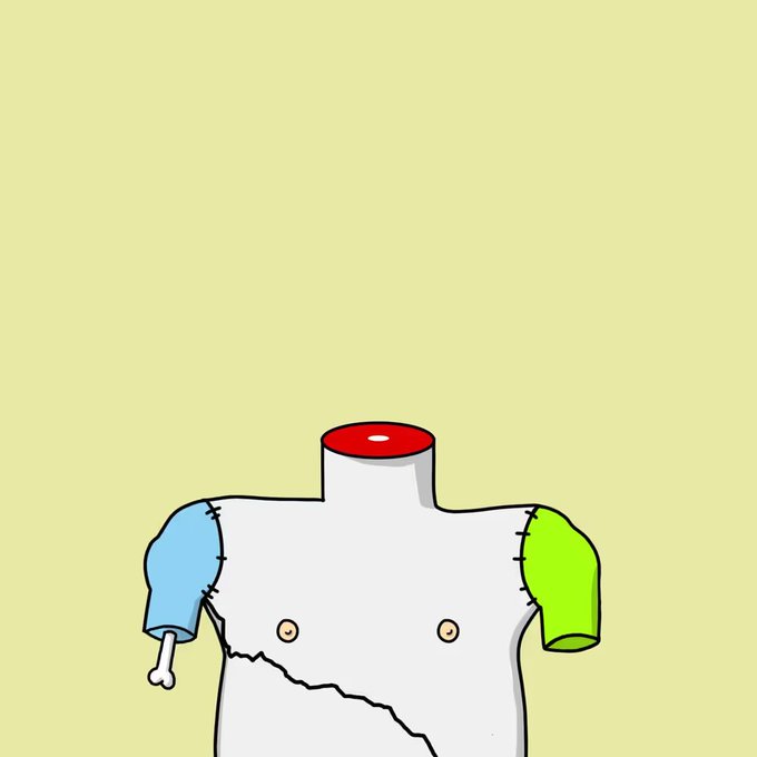A cartoon illustration of a headless figure wearing a white shirt with mismatched blue and green sleeves, featuring a bone sticking out of the right arm and a red neck stump, set against a yellow background.