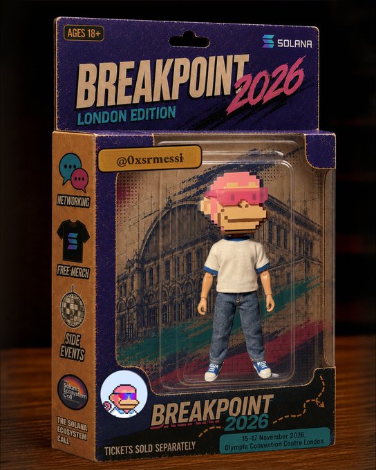 A collectible action figure box for "Breakpoint 2026 London Edition" by Solana, featuring a pixel-art monkey character (@0xsrmessi) in casual streetwear with pink sunglasses, alongside event details including the date "15-17 November 2026" at Olympia Convention Centre London. The playful toy packaging visually reinforces the "see you on breakpoint 2026" announcement by framing the conference as an exciting, must-attend event with networking, free merch, and side events.