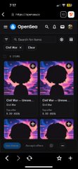 Mobile screen showing the OpenSea NFT marketplace app with grid thumbnails of 'Civil War' CryptoPunk profile picture NFTs.