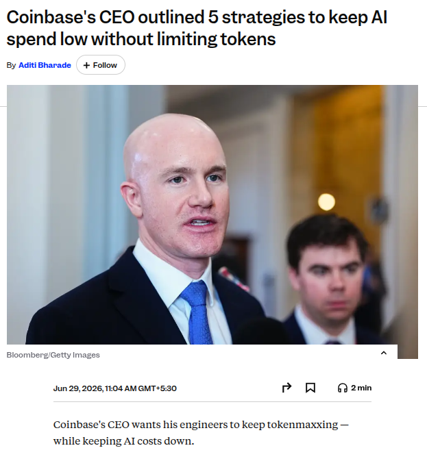 The image shows a Bloomberg/Getty Images photo of Coinbase CEO Brian Armstrong, identified by the article headline "Coinbase's CEO outlined 5 strategies to keep AI spend low without limiting tokens," which relates to the post about his strategies for managing AI costs—including experimenting with Chinese open-weight models like GLM 5.2 and Kimi 2.7 while routing prompts by difficulty.