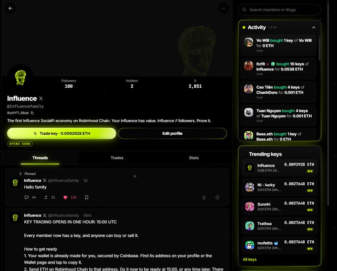 A screenshot of the Influence X (@influenceafamily) profile on what appears to be a SocialFi platform, showing 100 followers, 2 holders, and a Trade key button for 0.0002928 ETH, alongside an Activity feed and Trending keys list. The accompanying post announces that key trading is now live on Robinhood Chain, with the first key priced at 0.0000768 ETH and a 10-key max per wallet during the first 5 minutes—directly corresponding to the trading interface and activity feed displayed in the screenshot.
