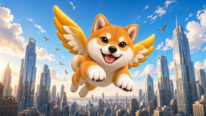 A 3D-rendered Shiba Inu dog with golden wings flying over a futuristic cityscape with skyscrapers and a bridge.