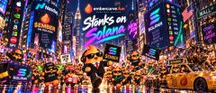 A neon-colored nighttime cityscape with yellow taxi cabs and the text overlay "Stocks on Solana," resembling the WallStreetBets subreddit logo.